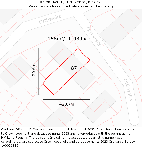87, ORTHWAITE, HUNTINGDON, PE29 6XB: Plot and title map