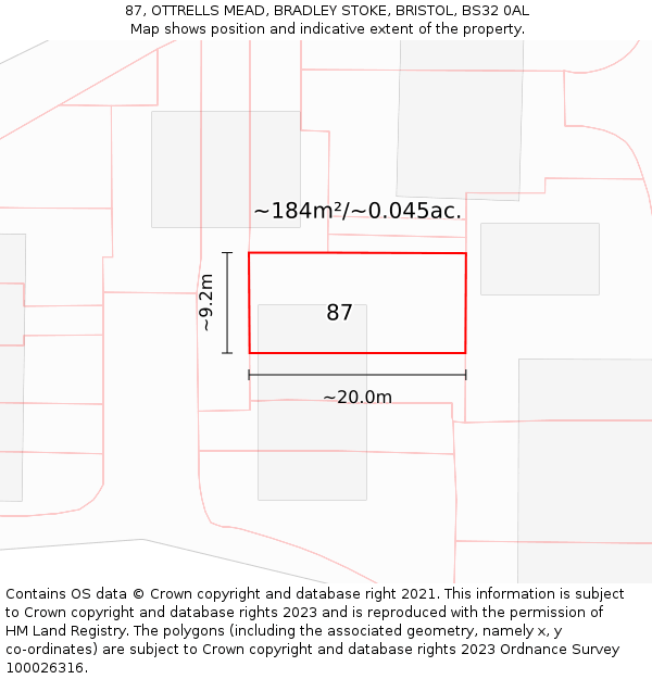 87, OTTRELLS MEAD, BRADLEY STOKE, BRISTOL, BS32 0AL: Plot and title map