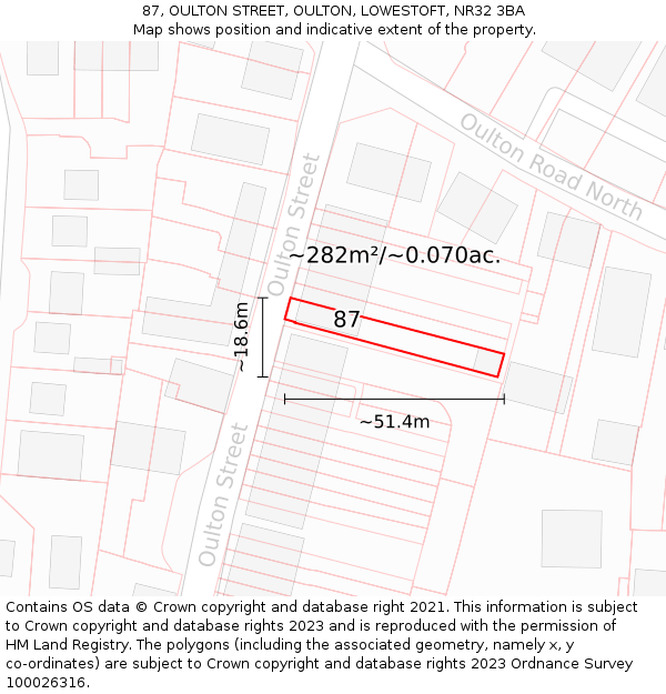 87, OULTON STREET, OULTON, LOWESTOFT, NR32 3BA: Plot and title map