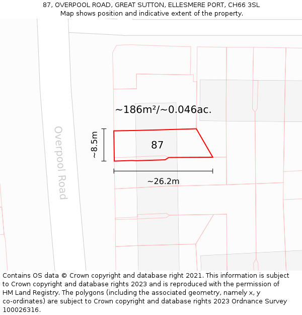 87, OVERPOOL ROAD, GREAT SUTTON, ELLESMERE PORT, CH66 3SL: Plot and title map