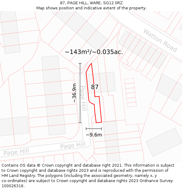 87, PAGE HILL, WARE, SG12 0RZ: Plot and title map