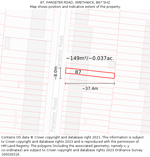 87, PARGETER ROAD, SMETHWICK, B67 5HZ: Plot and title map