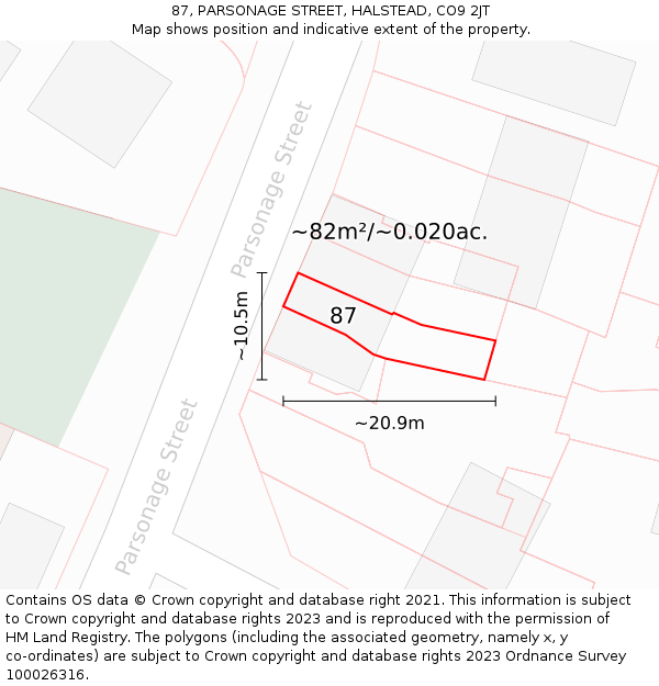 87, PARSONAGE STREET, HALSTEAD, CO9 2JT: Plot and title map