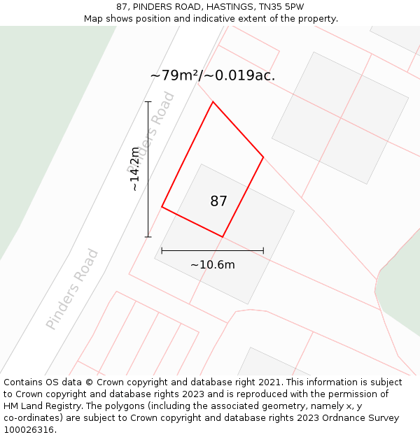 87, PINDERS ROAD, HASTINGS, TN35 5PW: Plot and title map