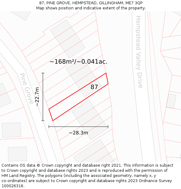87, PINE GROVE, HEMPSTEAD, GILLINGHAM, ME7 3QP: Plot and title map