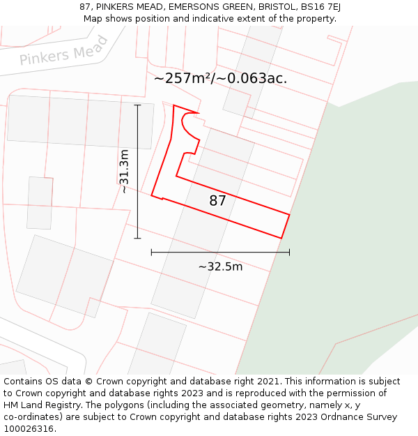 87, PINKERS MEAD, EMERSONS GREEN, BRISTOL, BS16 7EJ: Plot and title map