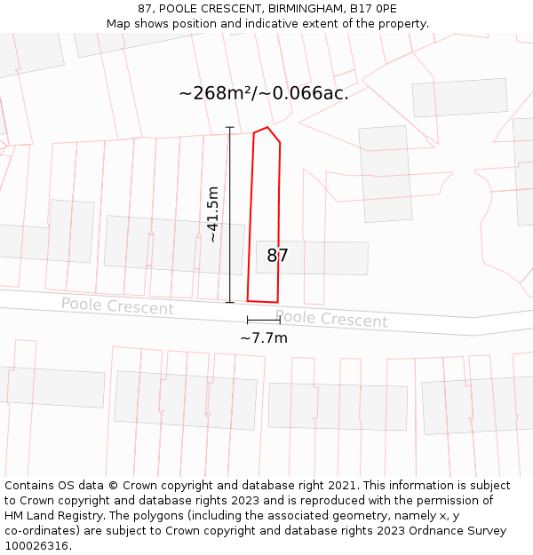 87, POOLE CRESCENT, BIRMINGHAM, B17 0PE: Plot and title map