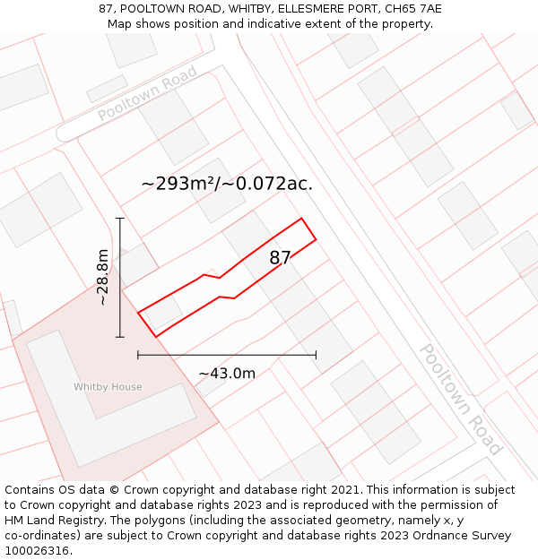 87, POOLTOWN ROAD, WHITBY, ELLESMERE PORT, CH65 7AE: Plot and title map