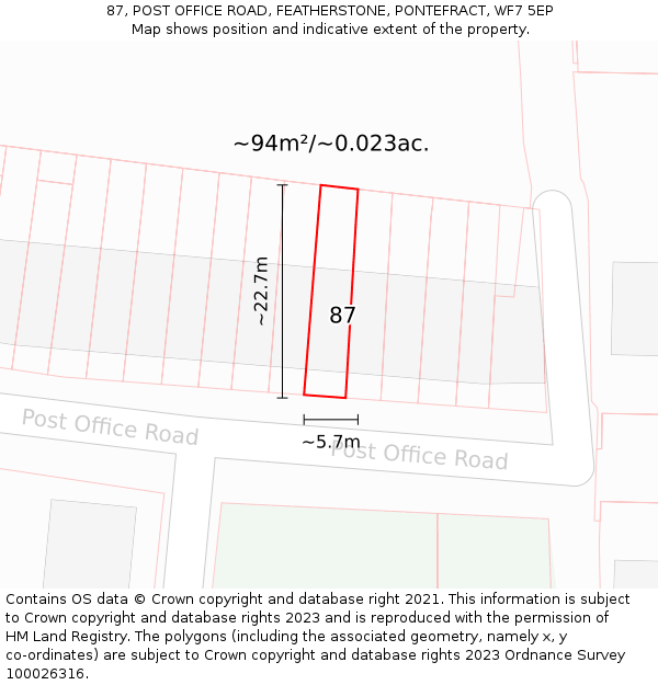 87, POST OFFICE ROAD, FEATHERSTONE, PONTEFRACT, WF7 5EP: Plot and title map