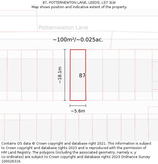 87, POTTERNEWTON LANE, LEEDS, LS7 3LW: Plot and title map