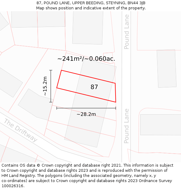 87, POUND LANE, UPPER BEEDING, STEYNING, BN44 3JB: Plot and title map