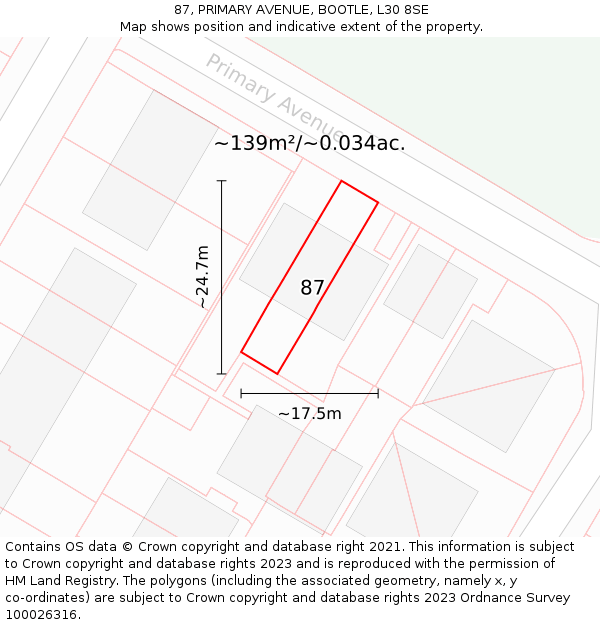 87, PRIMARY AVENUE, BOOTLE, L30 8SE: Plot and title map