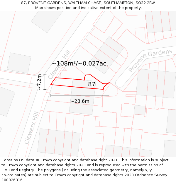 87, PROVENE GARDENS, WALTHAM CHASE, SOUTHAMPTON, SO32 2RW: Plot and title map