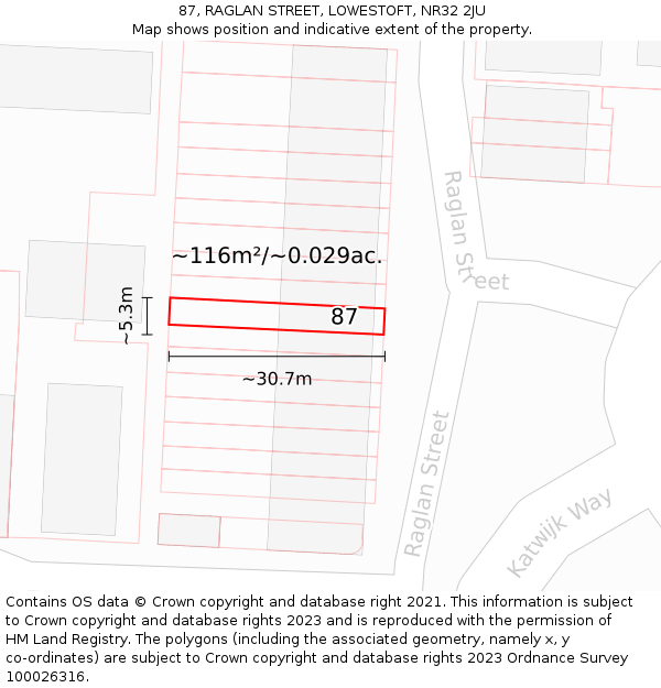 87, RAGLAN STREET, LOWESTOFT, NR32 2JU: Plot and title map