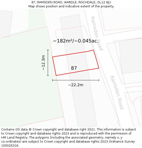 87, RAMSDEN ROAD, WARDLE, ROCHDALE, OL12 9JU: Plot and title map