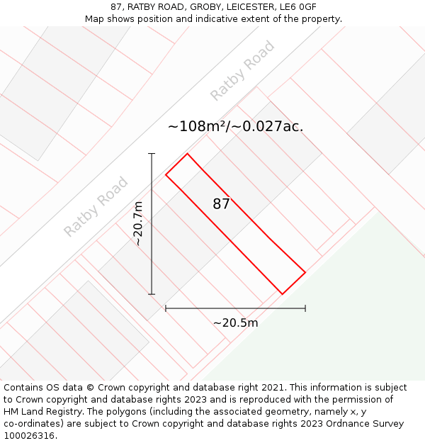 87, RATBY ROAD, GROBY, LEICESTER, LE6 0GF: Plot and title map