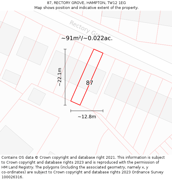87, RECTORY GROVE, HAMPTON, TW12 1EG: Plot and title map