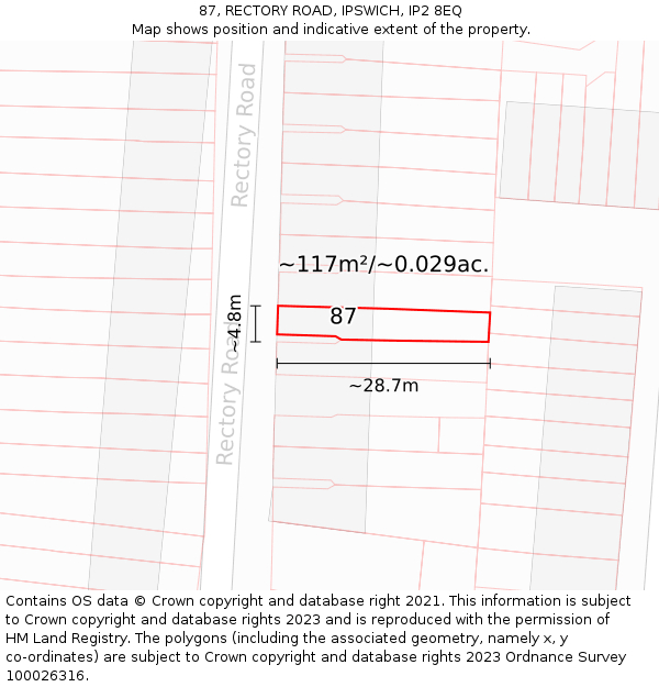87, RECTORY ROAD, IPSWICH, IP2 8EQ: Plot and title map
