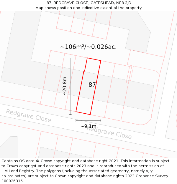 87, REDGRAVE CLOSE, GATESHEAD, NE8 3JD: Plot and title map