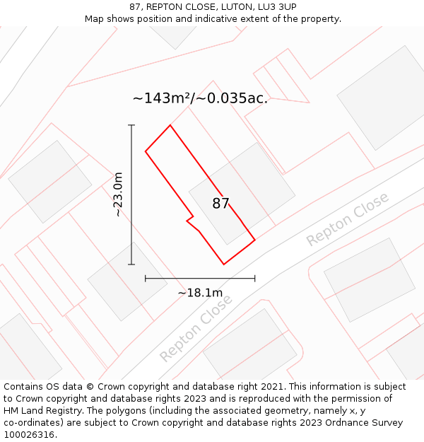 87, REPTON CLOSE, LUTON, LU3 3UP: Plot and title map