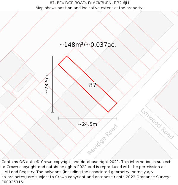 87, REVIDGE ROAD, BLACKBURN, BB2 6JH: Plot and title map
