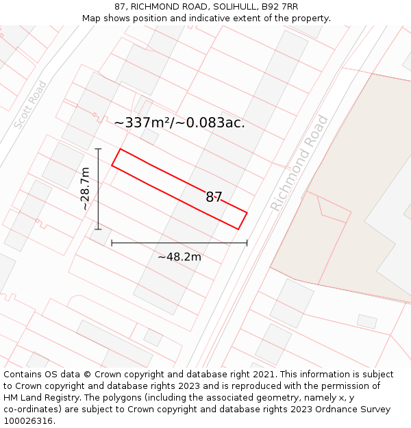 87, RICHMOND ROAD, SOLIHULL, B92 7RR: Plot and title map