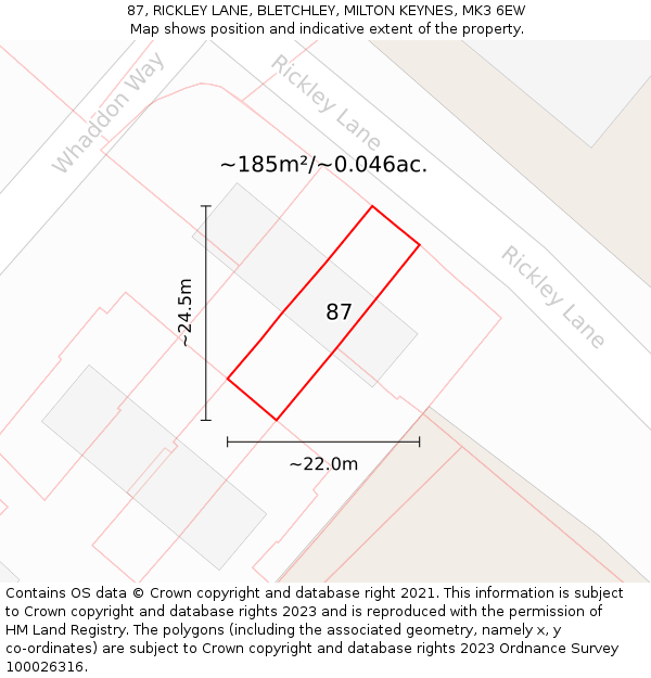 87, RICKLEY LANE, BLETCHLEY, MILTON KEYNES, MK3 6EW: Plot and title map