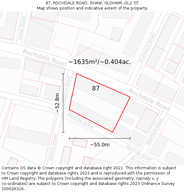 87, ROCHDALE ROAD, SHAW, OLDHAM, OL2 7JT: Plot and title map