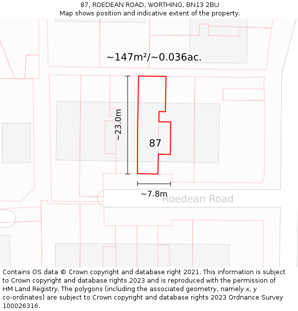 87, ROEDEAN ROAD, WORTHING, BN13 2BU: Plot and title map