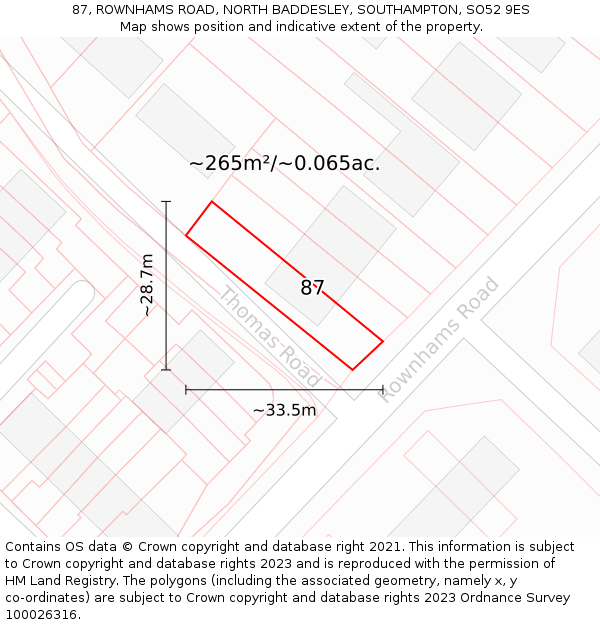 87, ROWNHAMS ROAD, NORTH BADDESLEY, SOUTHAMPTON, SO52 9ES: Plot and title map
