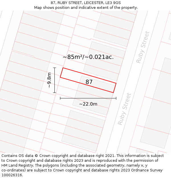 87, RUBY STREET, LEICESTER, LE3 9GS: Plot and title map