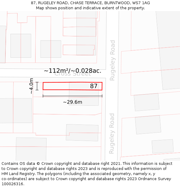 87, RUGELEY ROAD, CHASE TERRACE, BURNTWOOD, WS7 1AG: Plot and title map