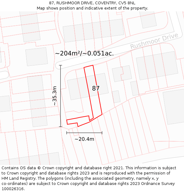 87, RUSHMOOR DRIVE, COVENTRY, CV5 8NL: Plot and title map
