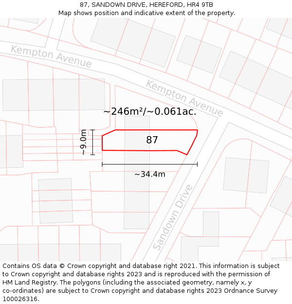 87, SANDOWN DRIVE, HEREFORD, HR4 9TB: Plot and title map