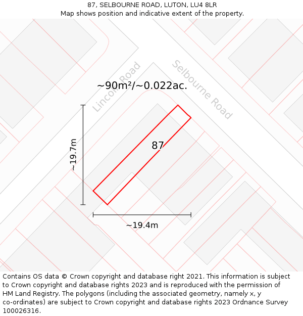 87, SELBOURNE ROAD, LUTON, LU4 8LR: Plot and title map