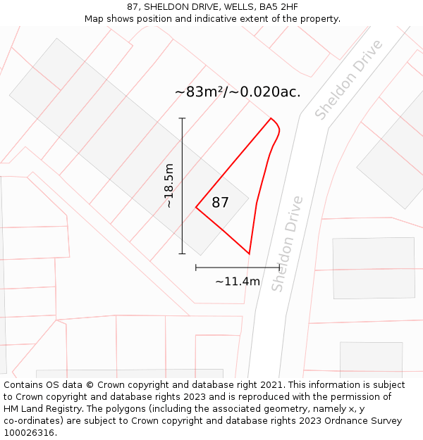 87, SHELDON DRIVE, WELLS, BA5 2HF: Plot and title map