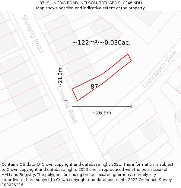 87, SHINGRIG ROAD, NELSON, TREHARRIS, CF46 6DU: Plot and title map