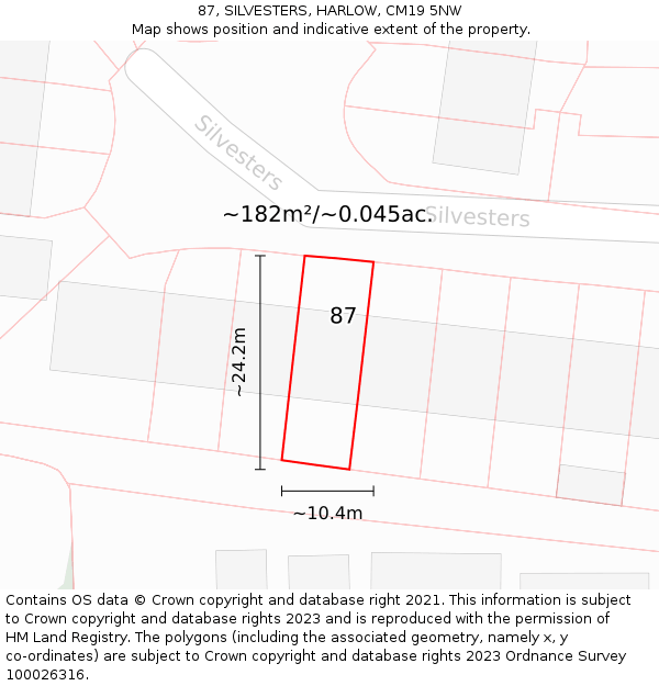 87, SILVESTERS, HARLOW, CM19 5NW: Plot and title map