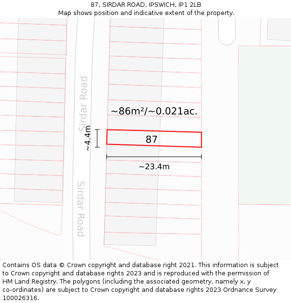 87, SIRDAR ROAD, IPSWICH, IP1 2LB: Plot and title map