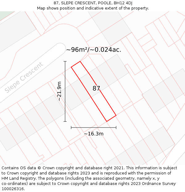 87, SLEPE CRESCENT, POOLE, BH12 4DJ: Plot and title map
