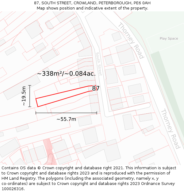 87, SOUTH STREET, CROWLAND, PETERBOROUGH, PE6 0AH: Plot and title map