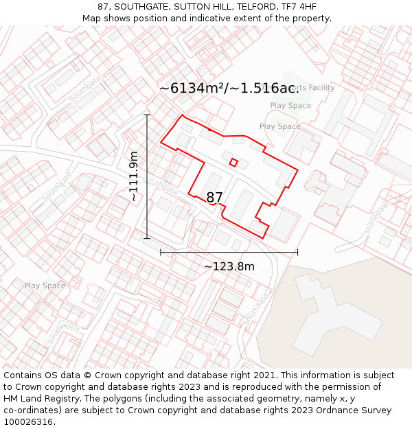 87, SOUTHGATE, SUTTON HILL, TELFORD, TF7 4HF: Plot and title map
