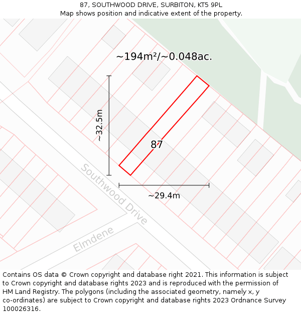 87, SOUTHWOOD DRIVE, SURBITON, KT5 9PL: Plot and title map