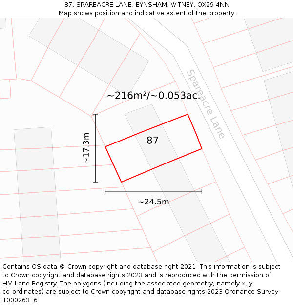 87, SPAREACRE LANE, EYNSHAM, WITNEY, OX29 4NN: Plot and title map