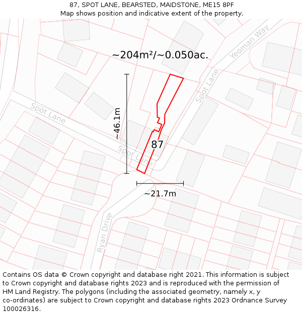 87, SPOT LANE, BEARSTED, MAIDSTONE, ME15 8PF: Plot and title map