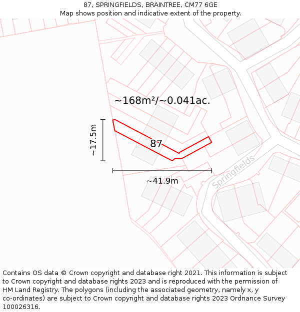 87, SPRINGFIELDS, BRAINTREE, CM77 6GE: Plot and title map
