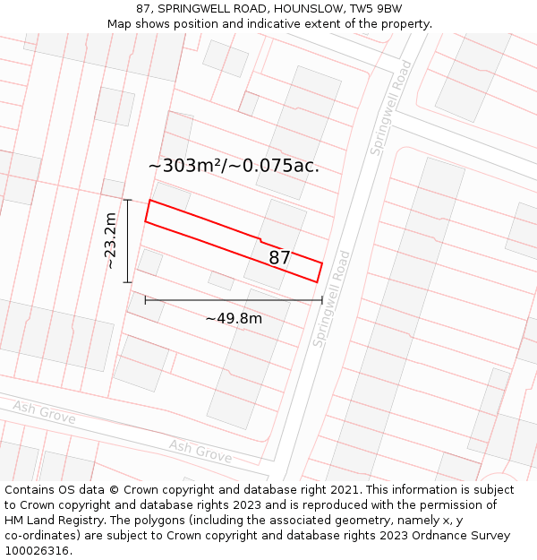 87, SPRINGWELL ROAD, HOUNSLOW, TW5 9BW: Plot and title map