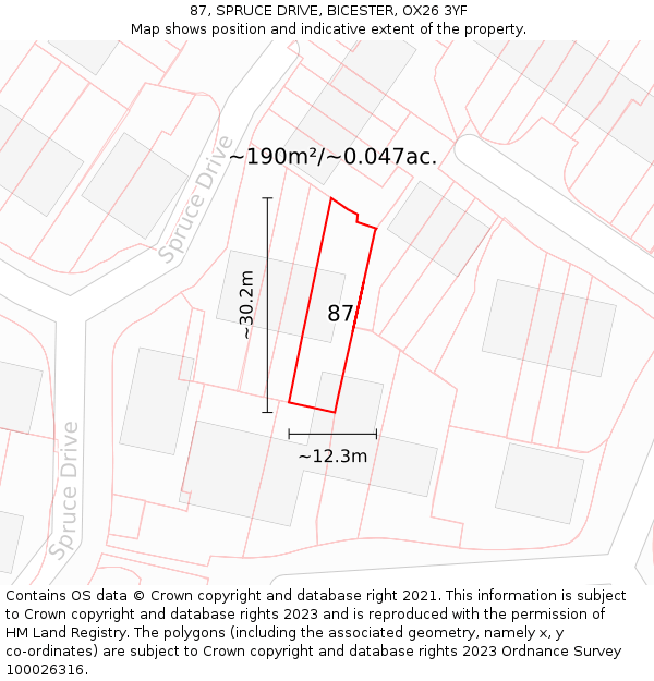 87, SPRUCE DRIVE, BICESTER, OX26 3YF: Plot and title map