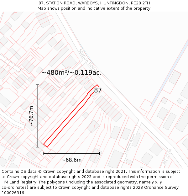 87, STATION ROAD, WARBOYS, HUNTINGDON, PE28 2TH: Plot and title map