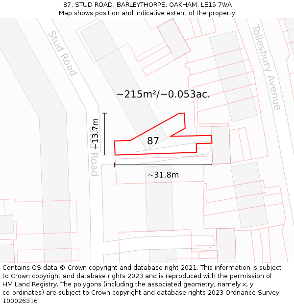 87, STUD ROAD, BARLEYTHORPE, OAKHAM, LE15 7WA: Plot and title map